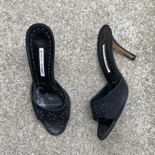 Manolo Blahnik 2000s Black Suede Flower Laser Cut Eyelet Sandal Heels