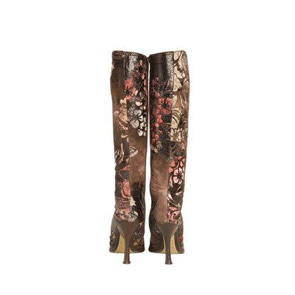 Roberto Cavalli S/S 2002 Brown Floral Suede Leather Boots