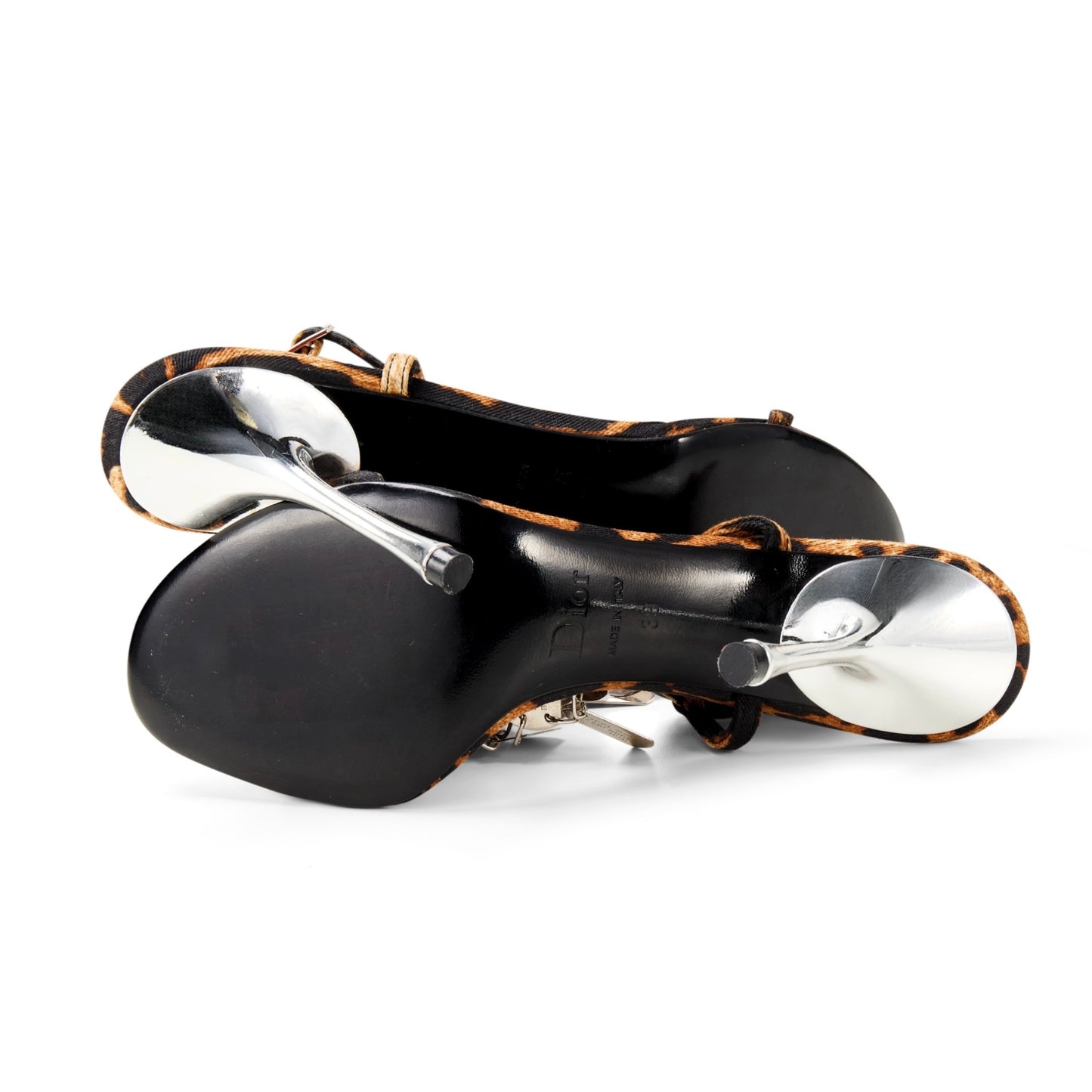Dior by Galliano F/W 2004 Leopard Print Dog Tag Silver Metal Strappy Heels