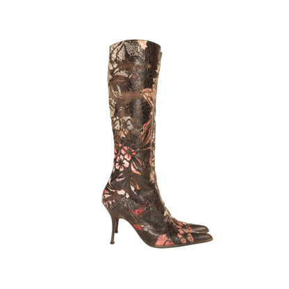 Roberto Cavalli S/S 2002 Brown Floral Suede Leather Boots