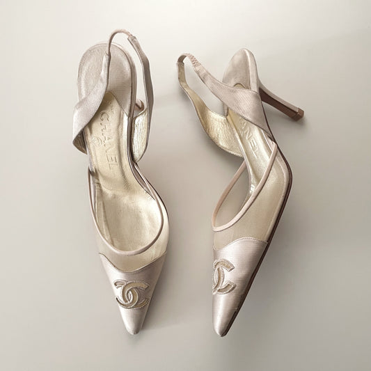 Chanel 2004 “CC” Ivory & Gold Satin Slingback Heels