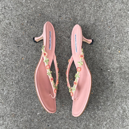 Manolo Blahnik Pink Floral Appliqué Leather Thong Sandal Heels