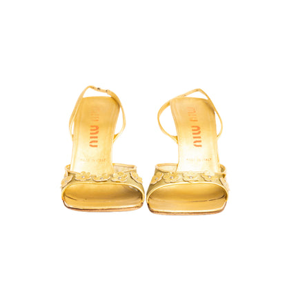 Miu Miu Metallic Gold Mesh Floral Daisy Slingback Heels