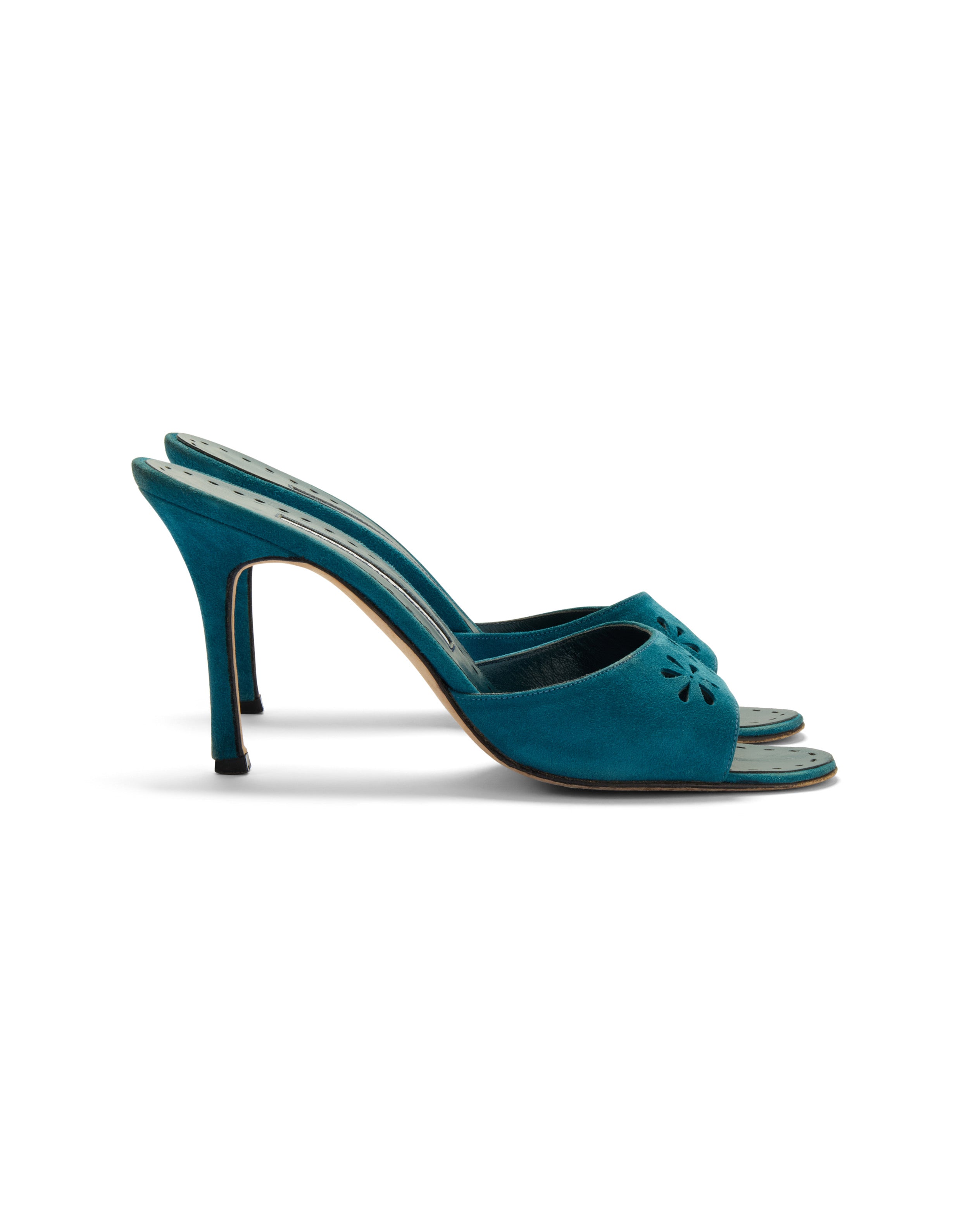 2000s Blue Floral Eyelet Laser Cut Suede Heels