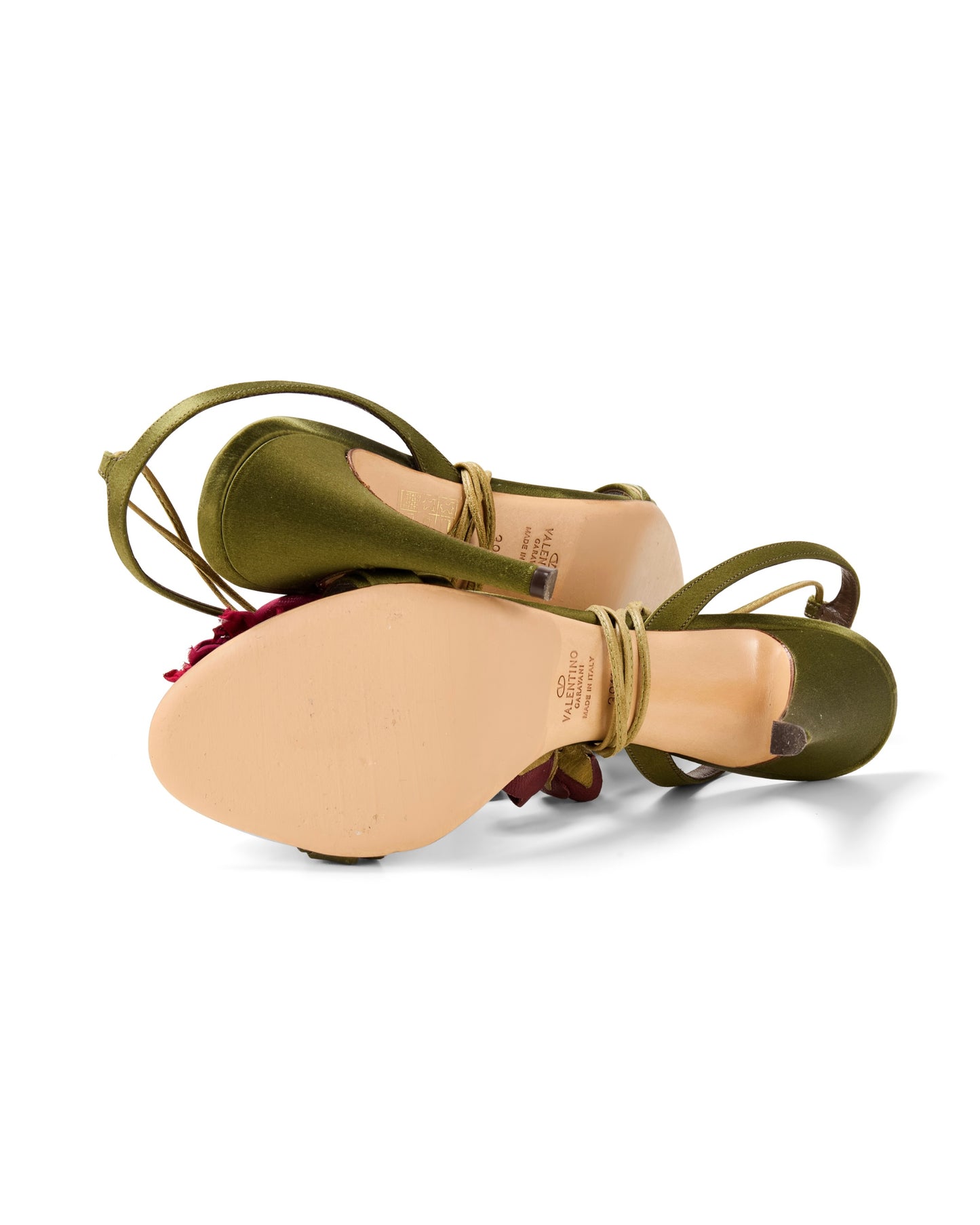 Valentino Green Satin Pink Floral Rosebud Appliqué Strappy Heels
