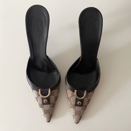 Gucci “GG” Beige & Brown Monogram D Ring Mule Heels