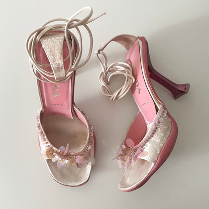 Prada 1999 Pink Sequin Strappy Sandal Heels