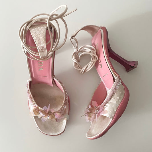Prada 1999 Pink Sequin Strappy Sandal Heels