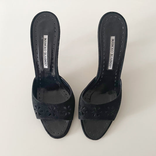 Manolo Blahnik Black Suede Floral Eyelet Laser Cut Sandal Heels