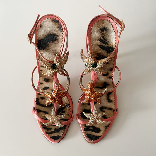 RARE Roberto Cavalli 2000s Rhinestone Encrusted Starfish Pink Satin Sandal Heels