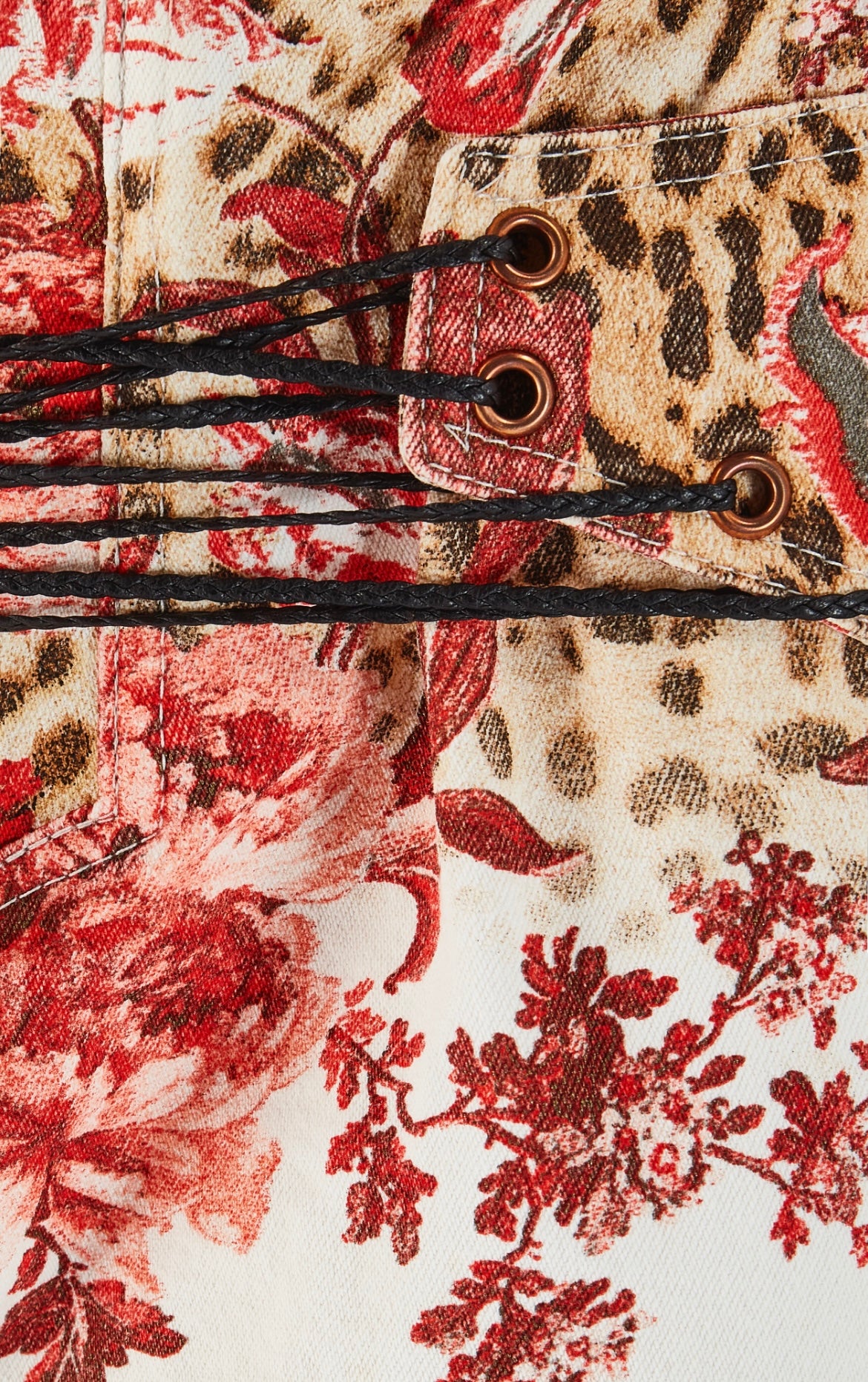 Roberto Cavalli S/S 2002 White Floral & Leopard Print Tie Up Jeans