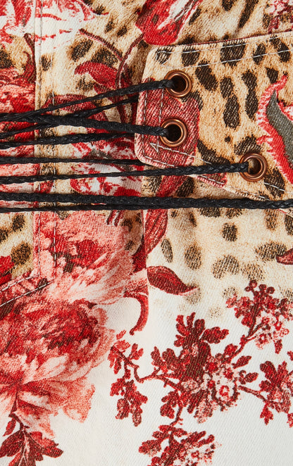 Roberto Cavalli S/S 2002 White Floral & Leopard Print Tie Up Jeans