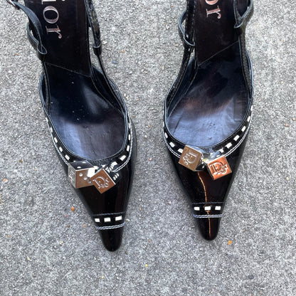 RARE Dior by John Galliano 2004 Black Gambler Dice Patent Leather Slingback Heels