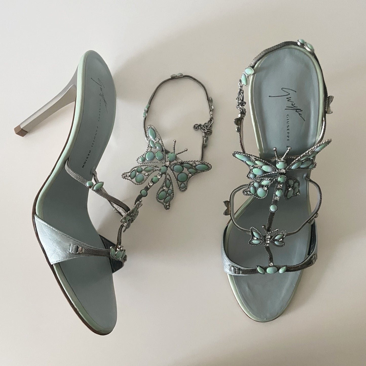 Giuseppe Zanotti S/S 2001 Vintage Blue Stone Butterfly Sandal Heels