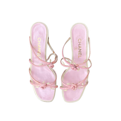 CHANEL 2004 Pink Rosebud Leather Sandal Heels