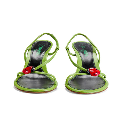 CHANEL S/S 2004 Ladybug Green Leather Slingback Heels