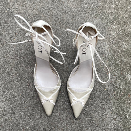 Dior by John Galliano 2000s Ivory Satin Bow Strappy Heels