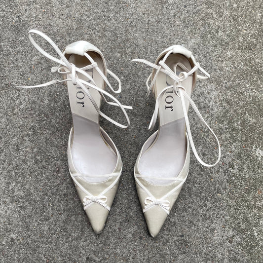 Dior by John Galliano 2000s Ivory Satin Bow Strappy Heels