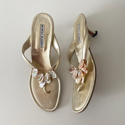 Manolo Blahnik Pearlescent Seashell Gold Sandal Heels