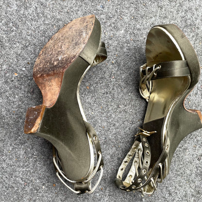 Dior by John Galliano S/S 2003 Khaki Green Padlock & Key Satin Wedge Heels