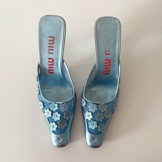 Miu Miu 1999 Metallic Blue Mesh Floral Daisy Mule Heels