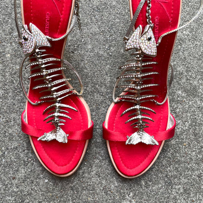 RARE Giuseppe Zanotti Red & Silver Rhinestone Encrusted Fishbone Heels