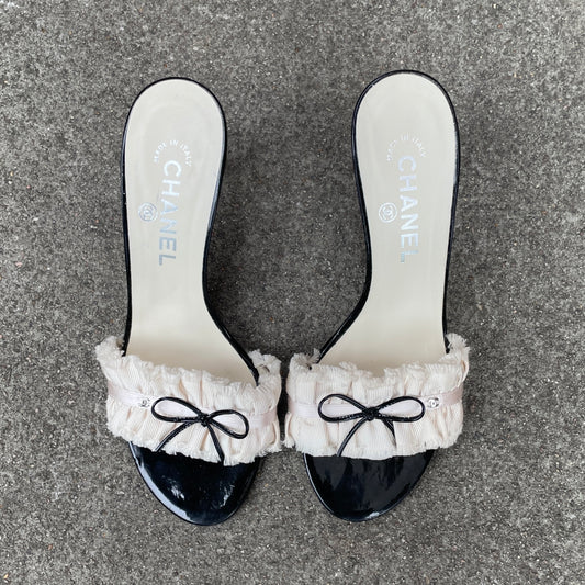 Chanel “CC” Ivory Ruffle Bow Sandal Heels