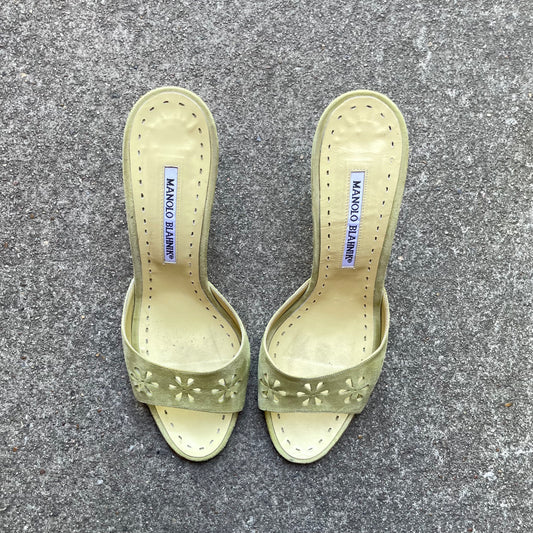 Manolo Blahnik Light Green Suede Flower Laser Cut Eyelet Sandal Heels