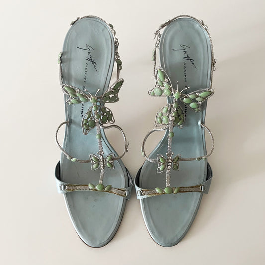Giuseppe Zanotti S/S 2001 Vintage Blue Stone Butterfly Sandal Heels