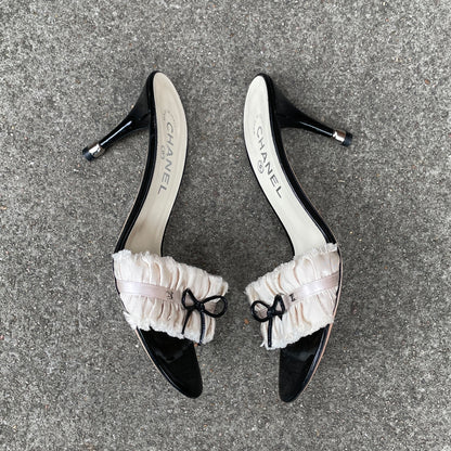 Chanel “CC” Ivory Ruffle Bow Sandal Heels