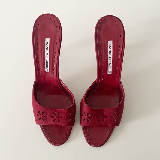 Manolo Blahnik Red Suede Floral Eyelet Laser Cut Sandal Heels