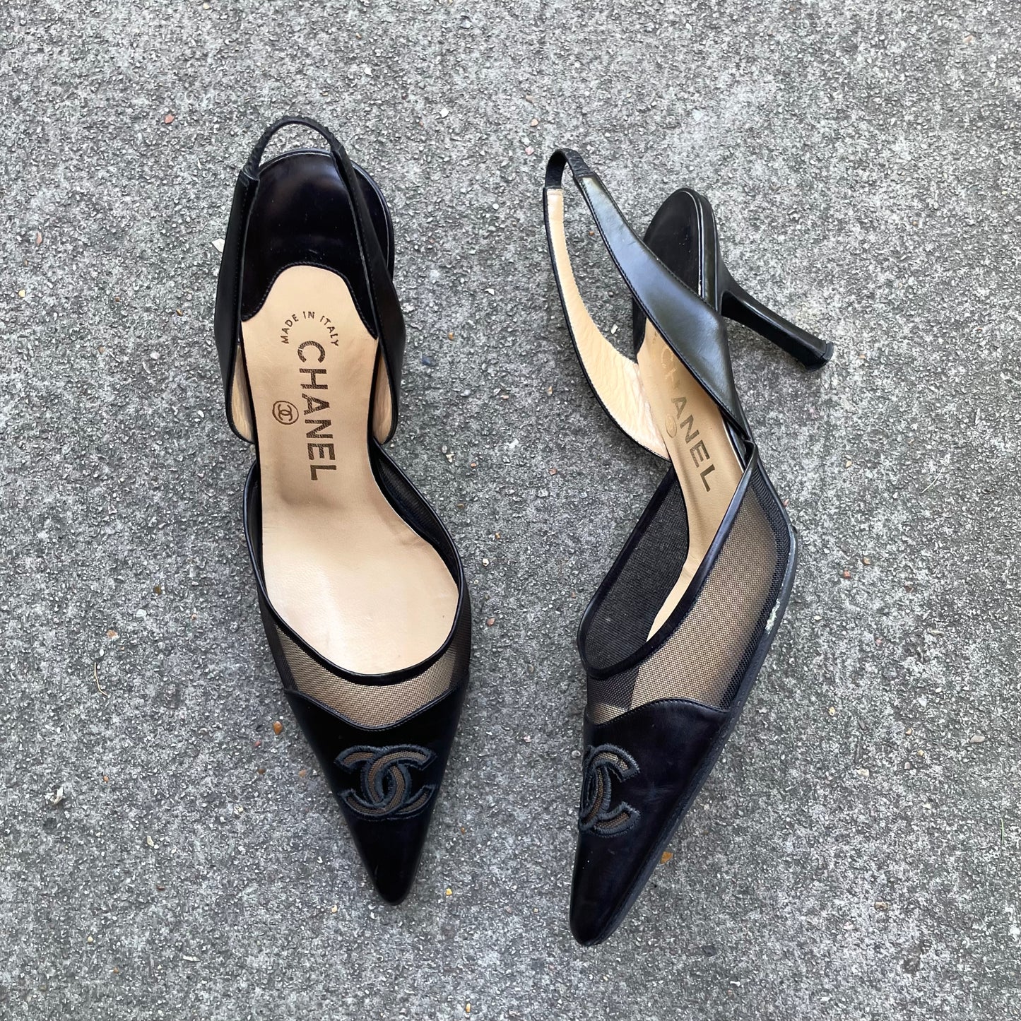 Chanel 2004 “CC” Black Leather Slingback Heels