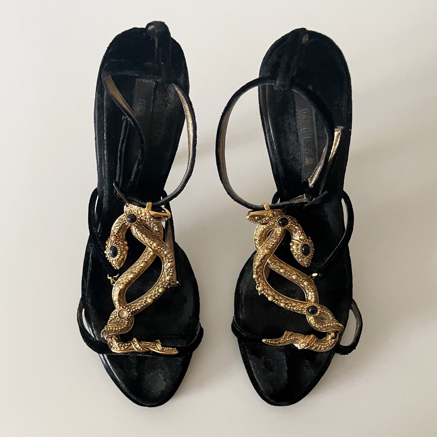 Roberto Cavalli Black Suede Sandal Heels with Black Stone Encrusted Gold Snake Details