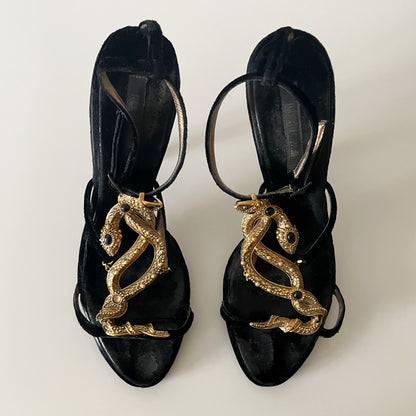 Roberto Cavalli Black Suede Sandal Heels with Black Stone Encrusted Gold Snake Details