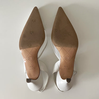 CHANEL “CC” White Mesh Leather Slingback Heels