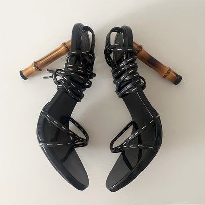 Gucci by Tom Ford S/S 2002 Black Bamboo Strappy Leather Sandal Heels