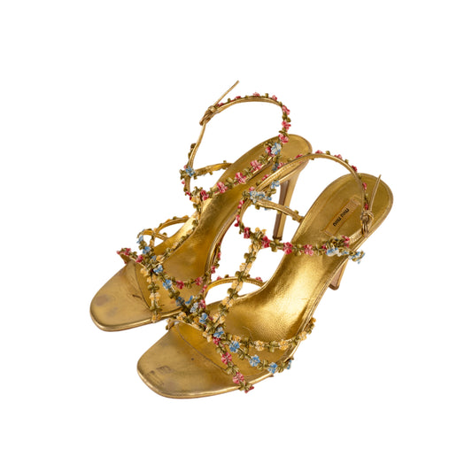 Miu Miu S/S 2004 Floral Gold Leather T-Strap Sandal Heels