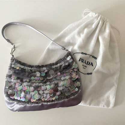Prada 2001 Vintage Raso Luce Paillettes Silver & Purple Sequin Bag