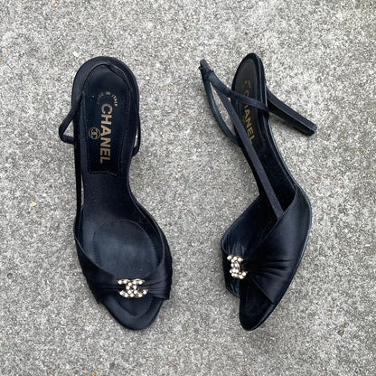 Chanel 2005 “CC” Pearl Embellished Black Satin Slingback Heels