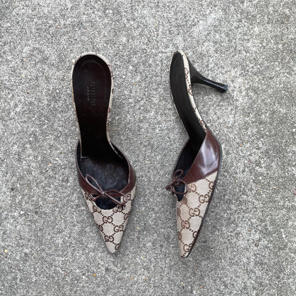 Gucci “GG” Monogram Canvas Beige & Brown Mule Heels