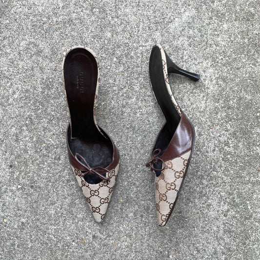 Gucci “GG” Monogram Canvas Beige & Brown Mule Heels