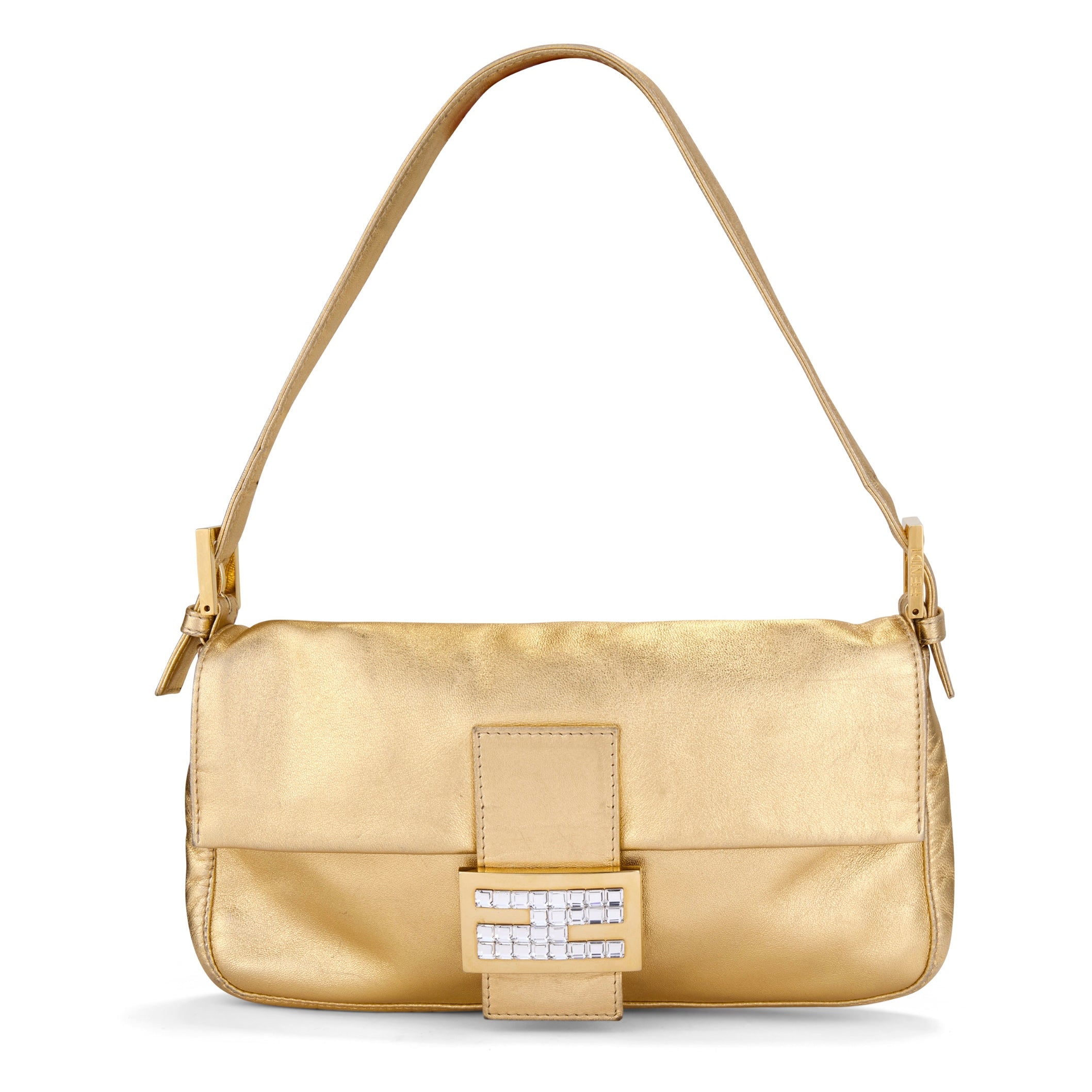 2000 Gold Leather Rhinestone Baguette Bag