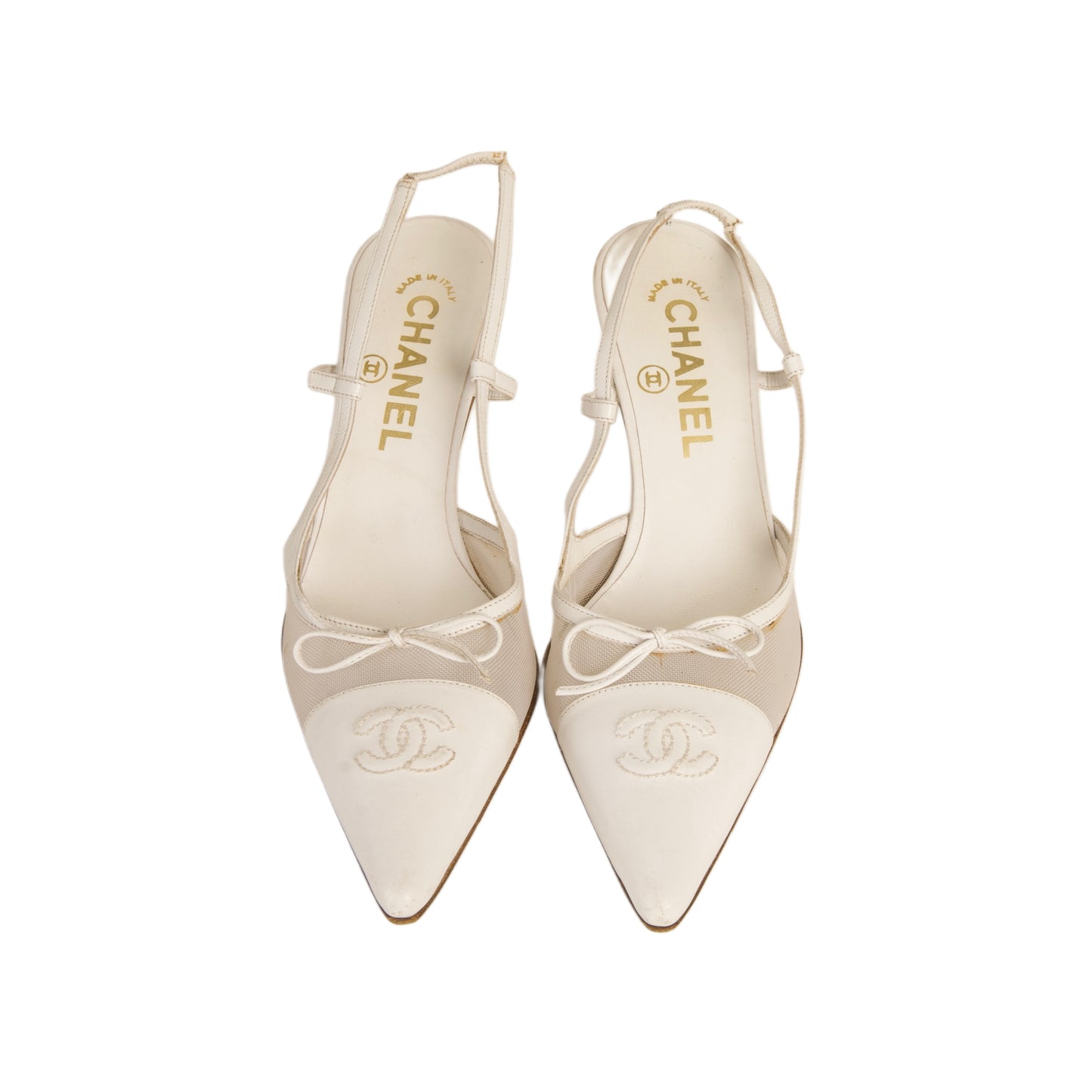 CHANEL 2005 “CC” White Bow Mesh Slingback Heels
