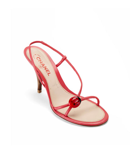 CHANEL S/S 2004 Ladybug Coral Red Leather Slingback Heels