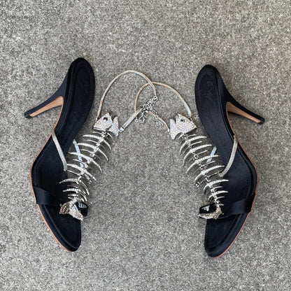 RARE Giuseppe Zanotti Rhinestone Fishbone Black Satin Sandal Heels