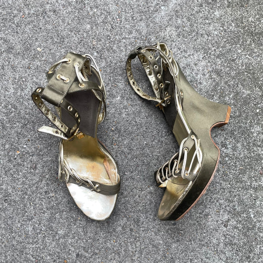 Dior by John Galliano S/S 2003 Khaki Green Padlock & Key Satin Wedge Heels
