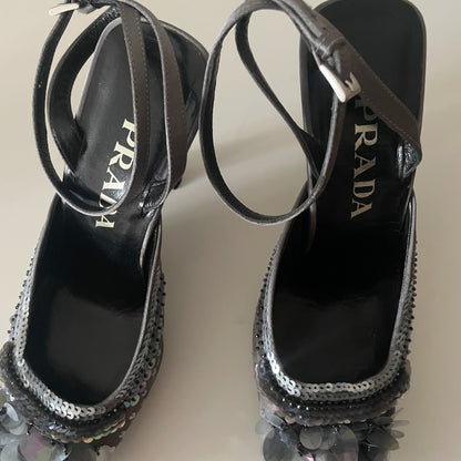 Prada F/W 1999 Grey Silver Sequin Raso Luce Pailettes Satin Ankle Strap Heels