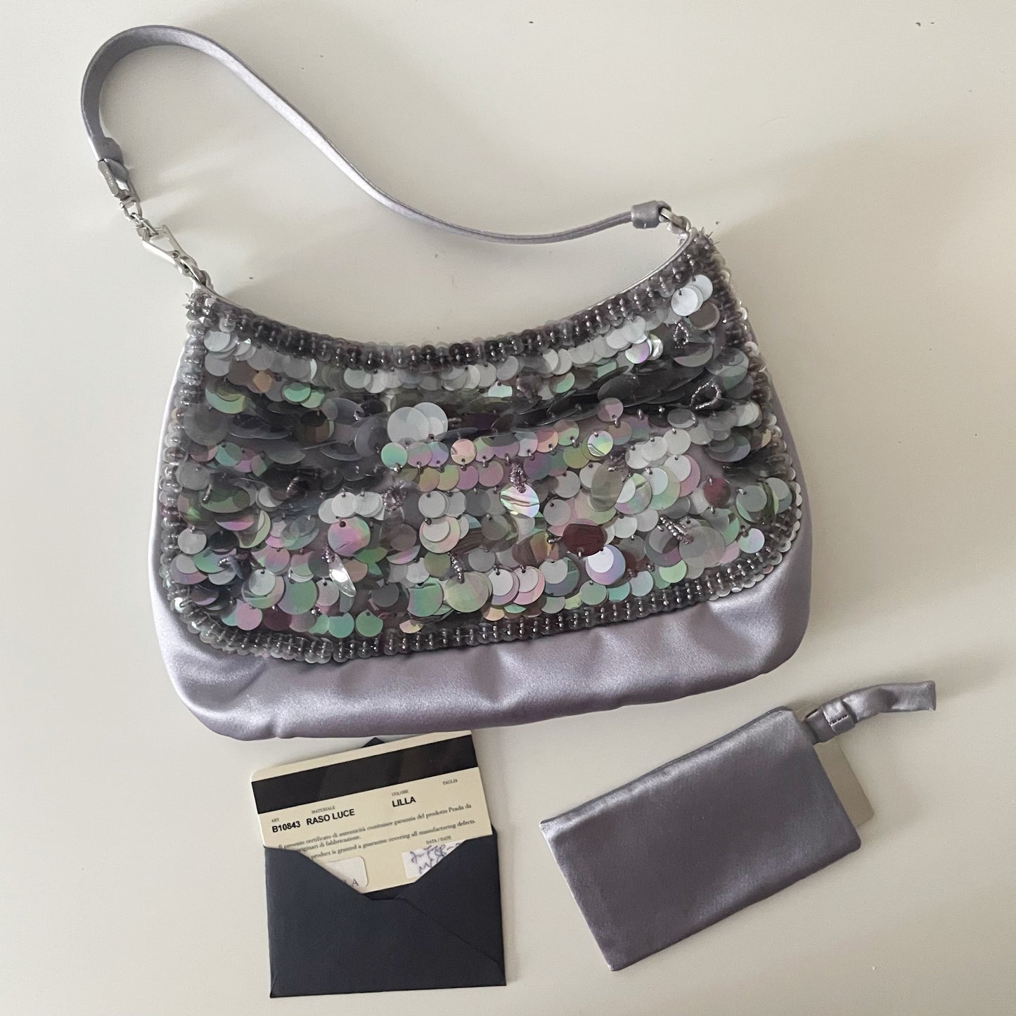 Prada 2001 Vintage Raso Luce Paillettes Silver & Purple Sequin Bag