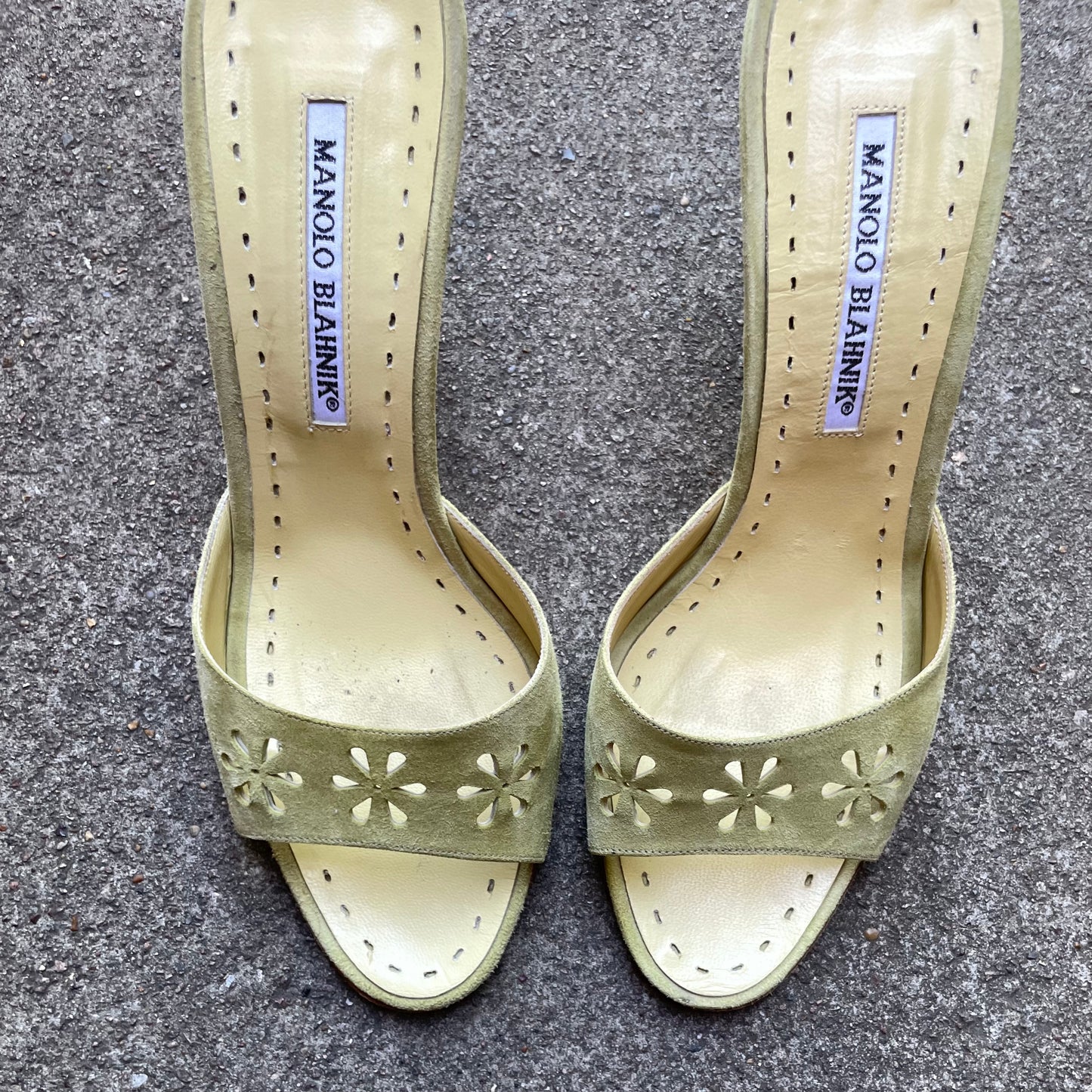 Manolo Blahnik Light Green Suede Flower Laser Cut Eyelet Sandal Heels