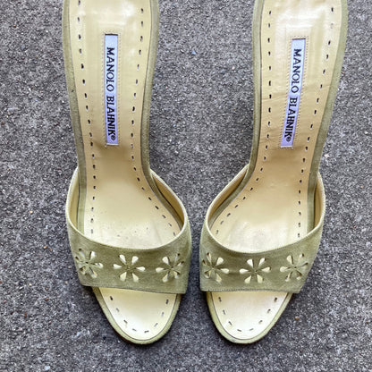 Manolo Blahnik Light Green Suede Flower Laser Cut Eyelet Sandal Heels